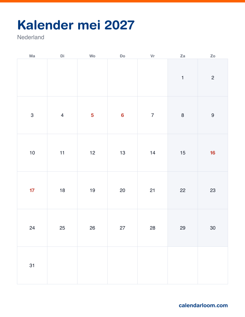 Kalender mei 2027 om af te drukken met de Nederlandse feestdagen