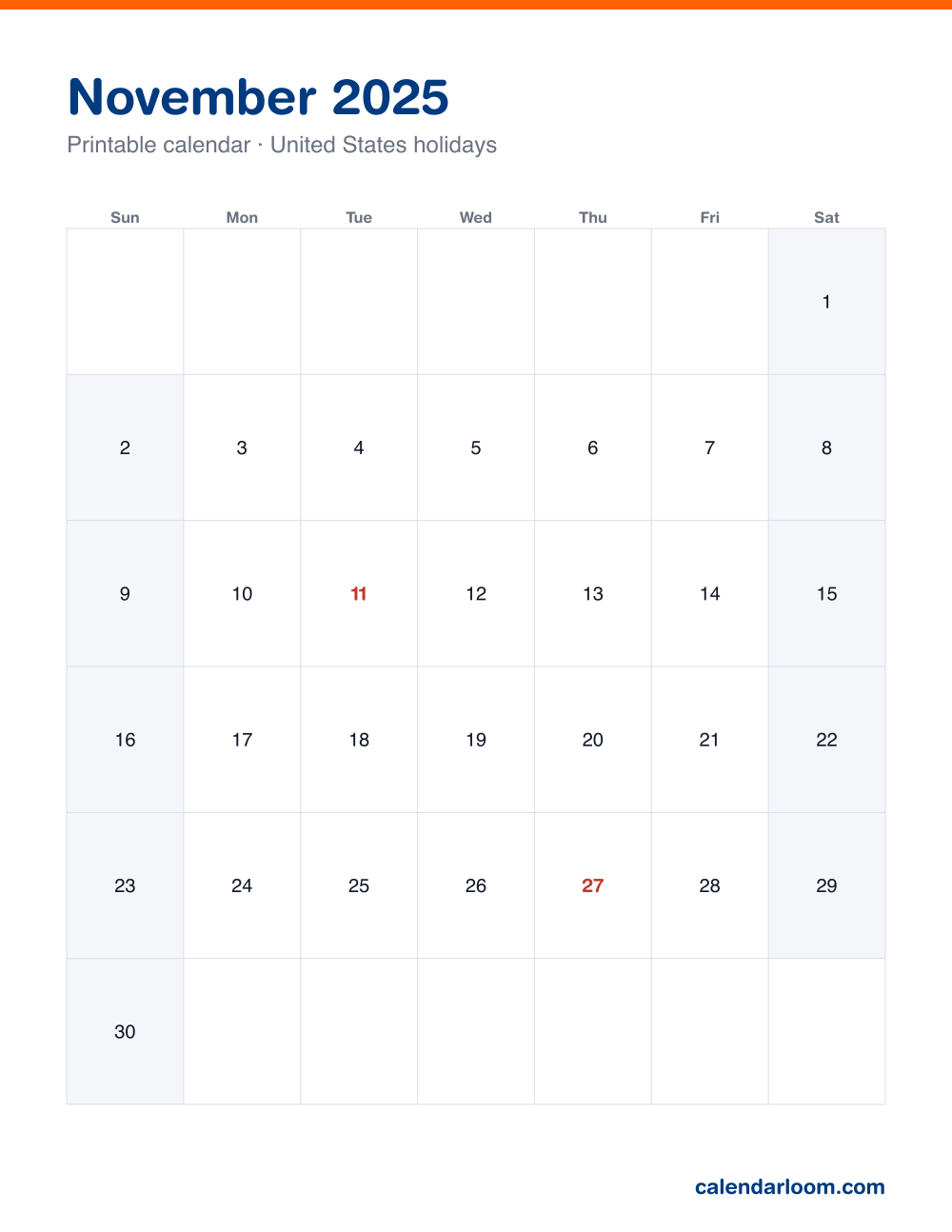 Printable November 2025 calendar with United States holidays marked, Sunday start, Letter size