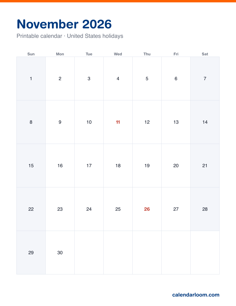 Printable November 2026 calendar with United States holidays marked, Sunday start, Letter size