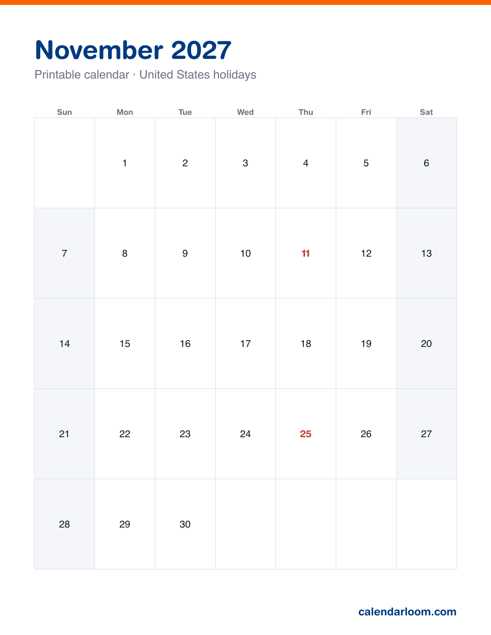 Printable November 2027 calendar with United States holidays marked, Sunday start, Letter size