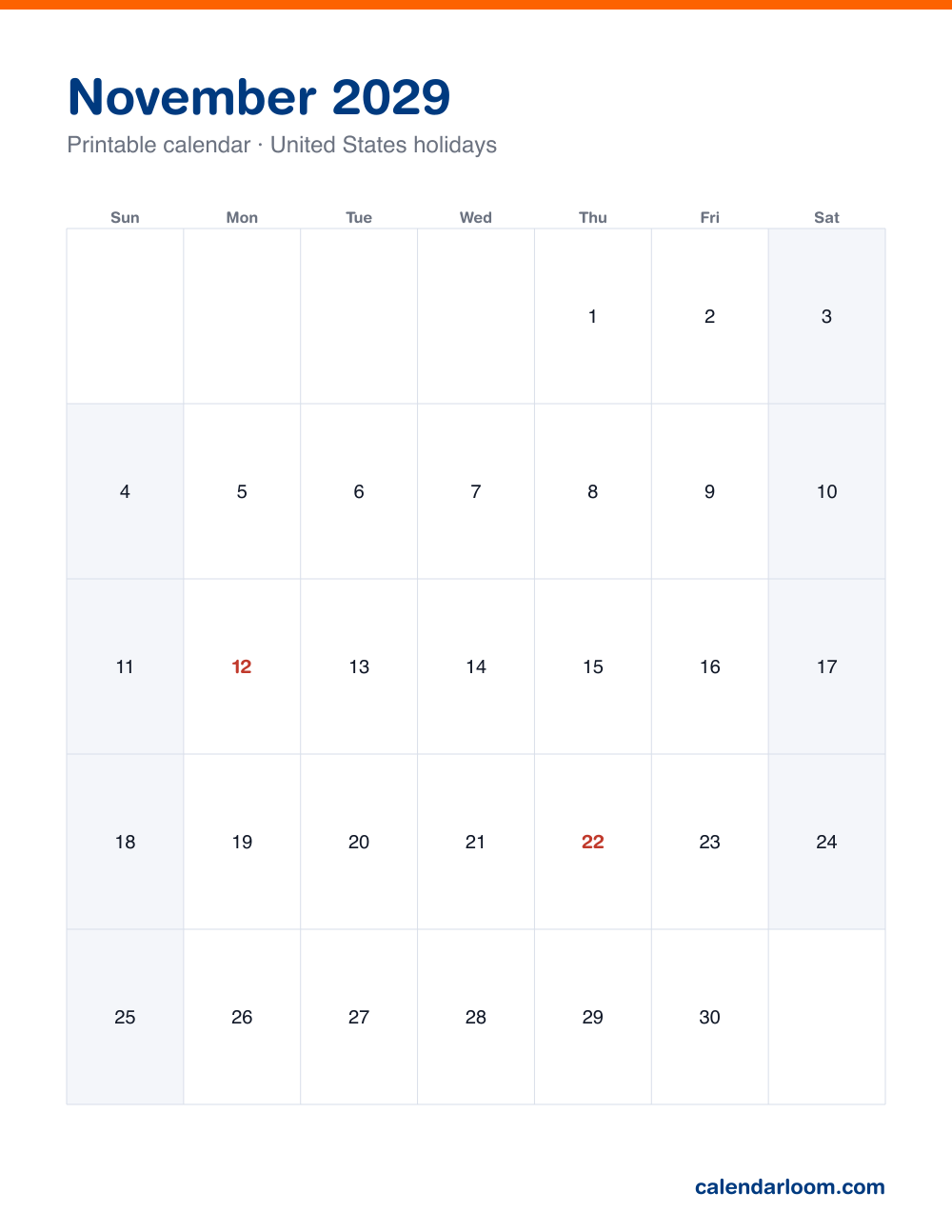 Printable November 2029 calendar with United States holidays marked, Sunday start, Letter size