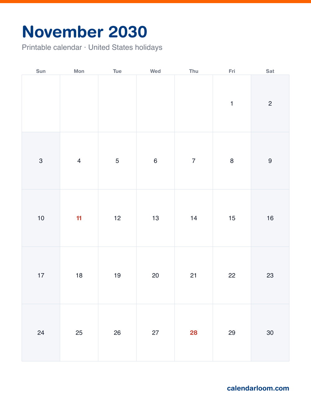 Printable November 2030 calendar with United States holidays marked, Sunday start, Letter size