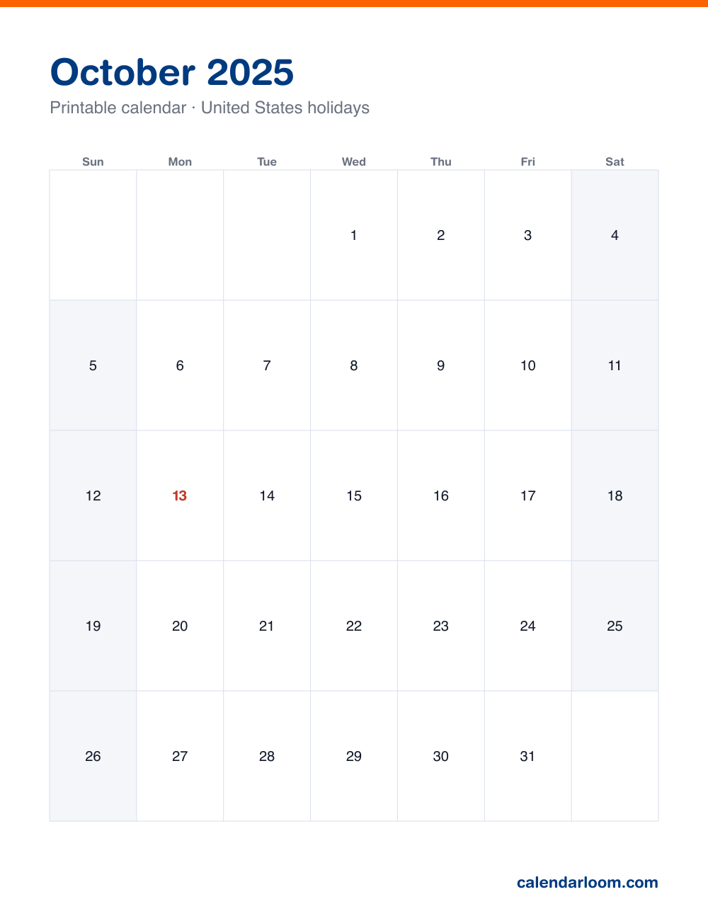 Printable October 2025 calendar with United States holidays marked, Sunday start, Letter size