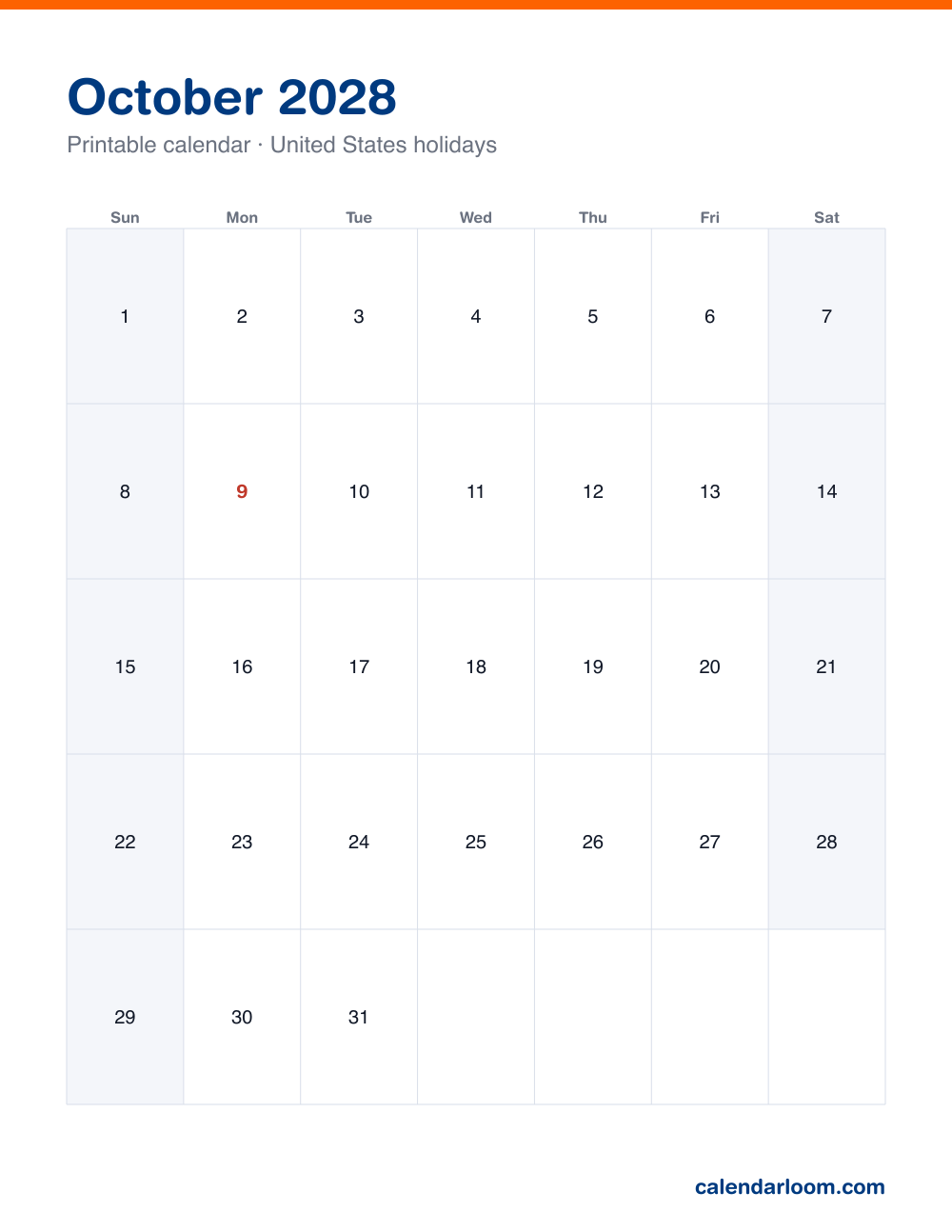 Printable October 2028 calendar with United States holidays marked, Sunday start, Letter size