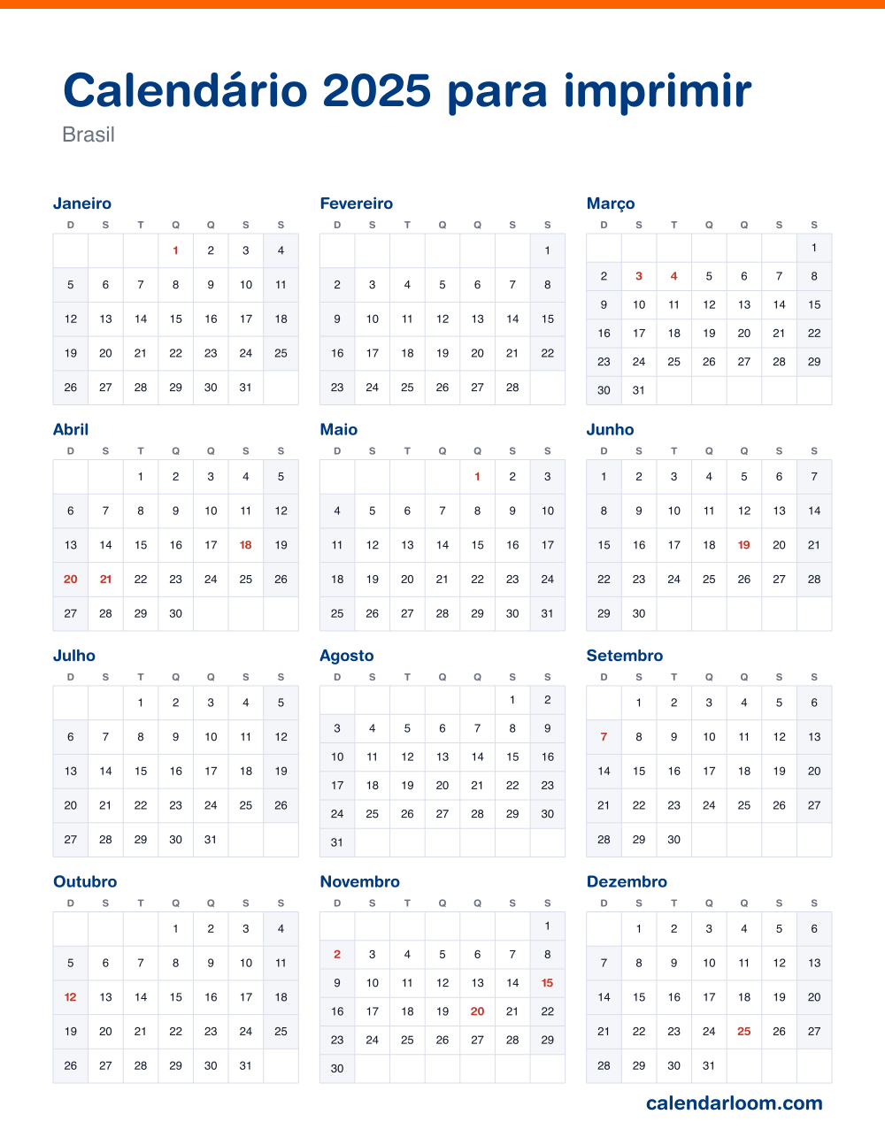 Calendário 2025 para imprimir com os feriados do Brasil