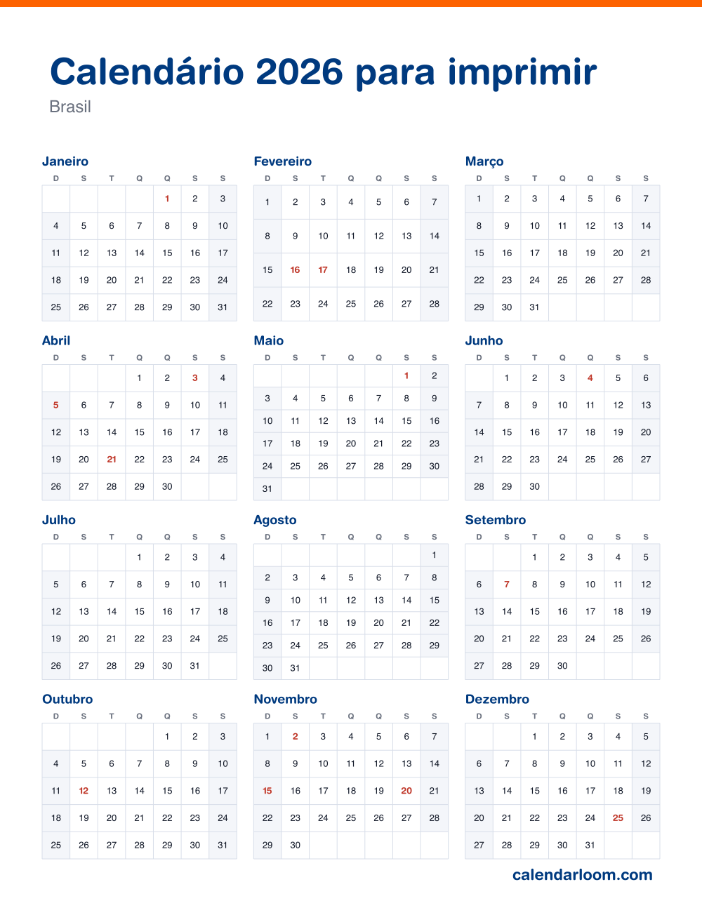 Calendário 2026 para imprimir com os feriados do Brasil