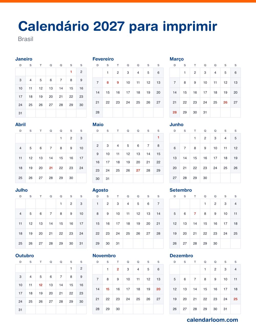 Calendário 2027 para imprimir com os feriados do Brasil