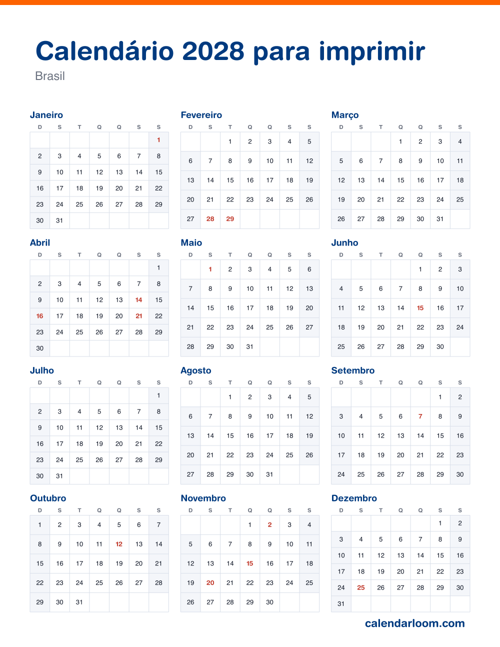Calendário 2028 para imprimir com os feriados do Brasil