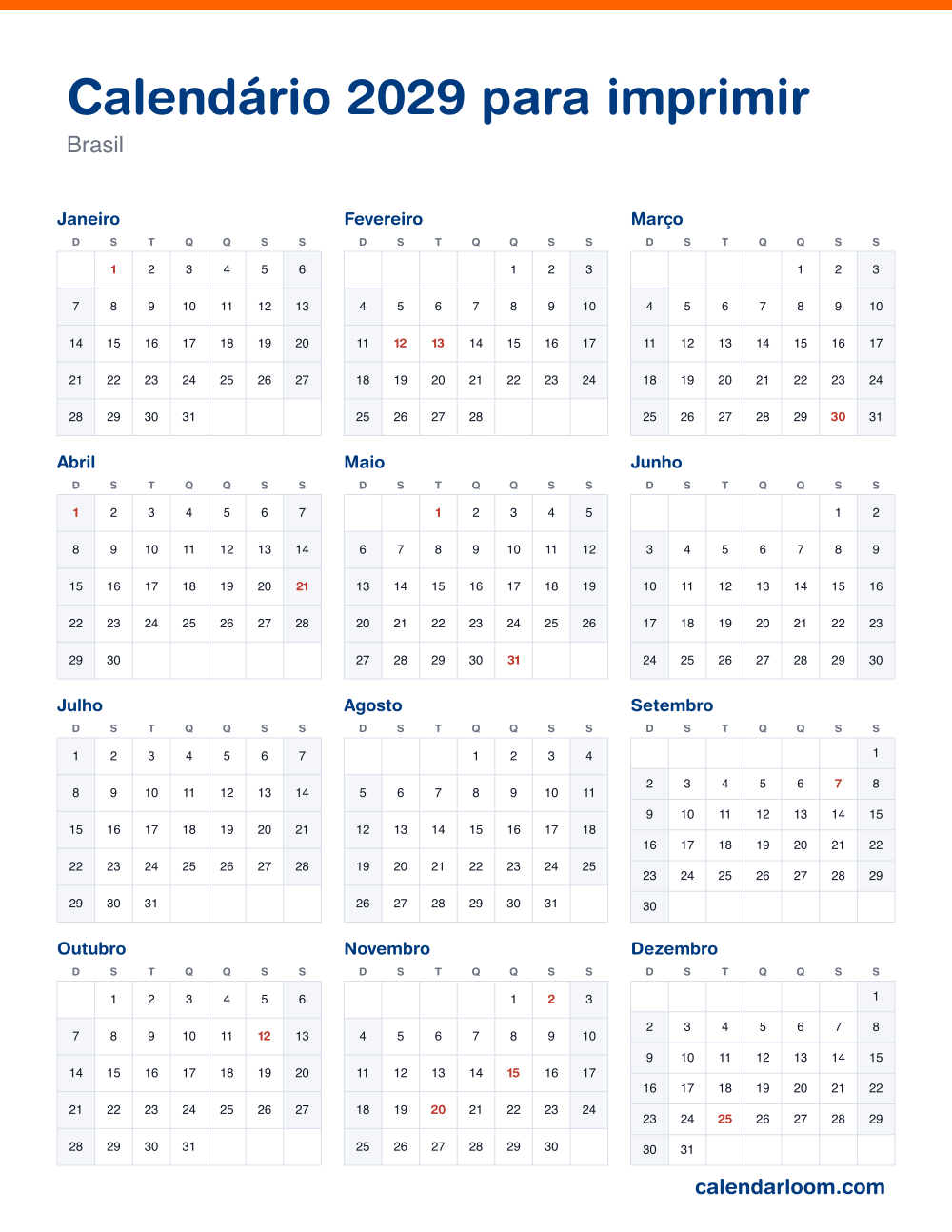 Calendário 2029 para imprimir com os feriados do Brasil