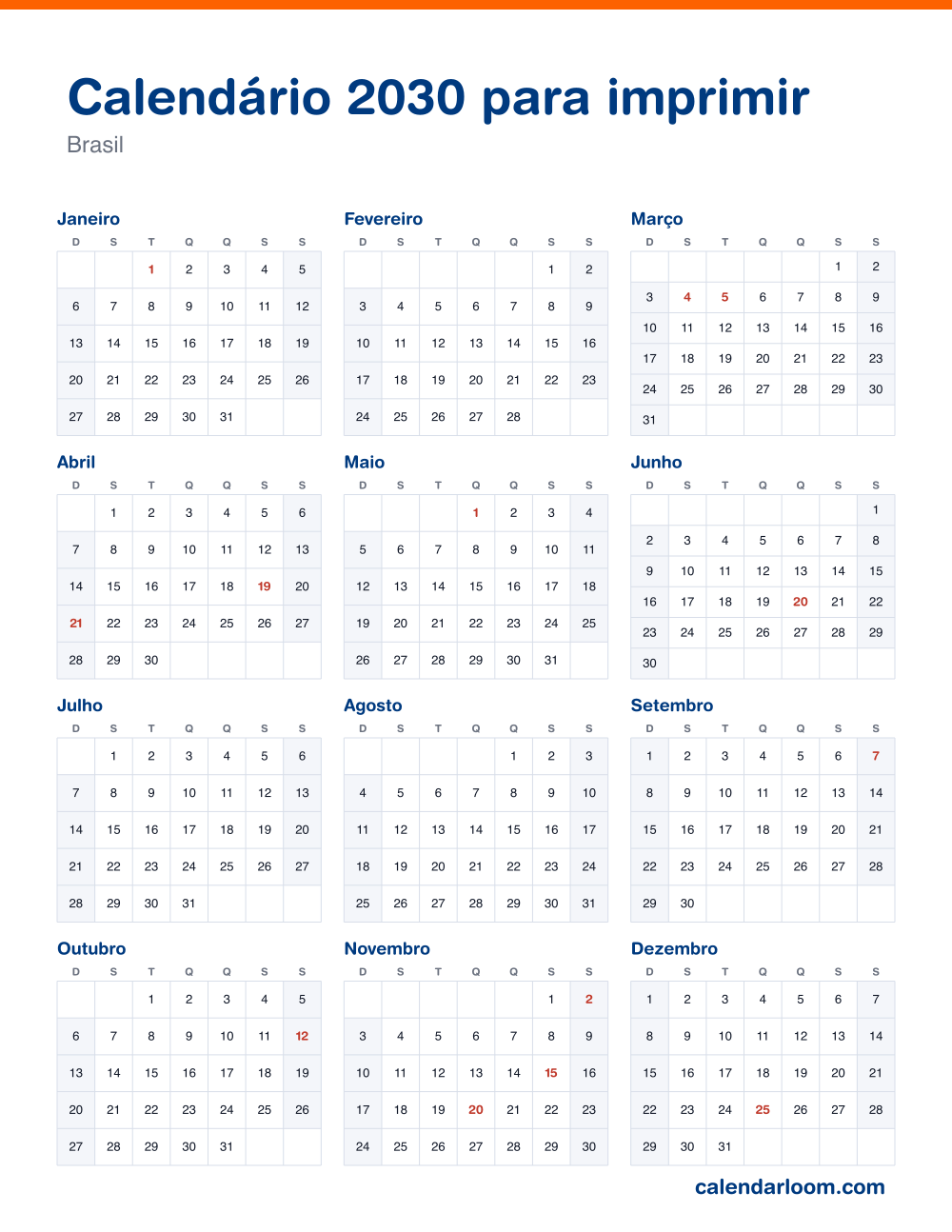 Calendário 2030 para imprimir com os feriados do Brasil