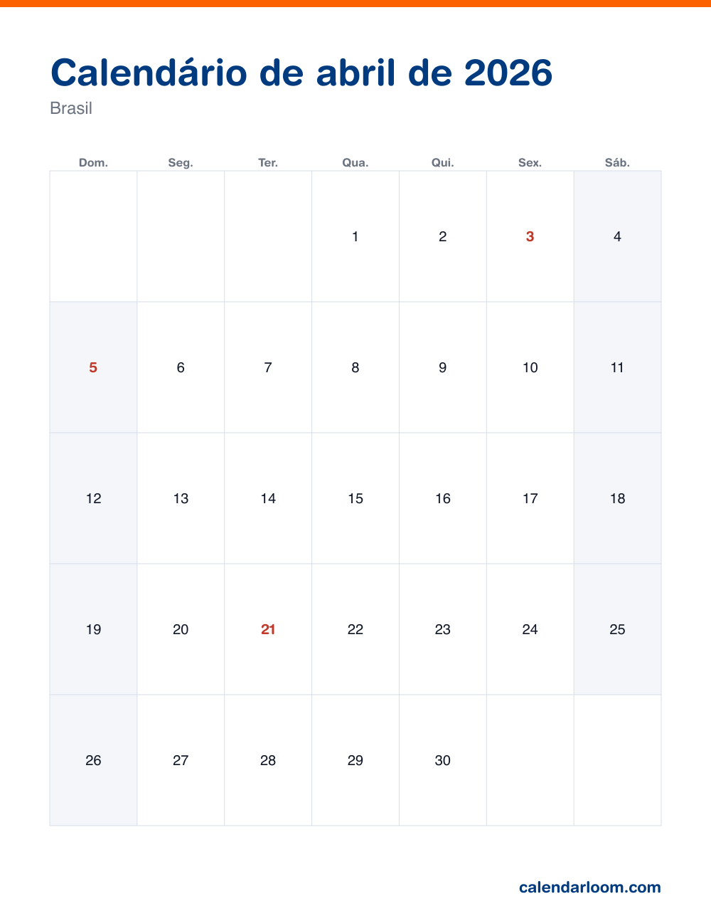 Calendário de abril de 2026 para imprimir com os feriados do Brasil