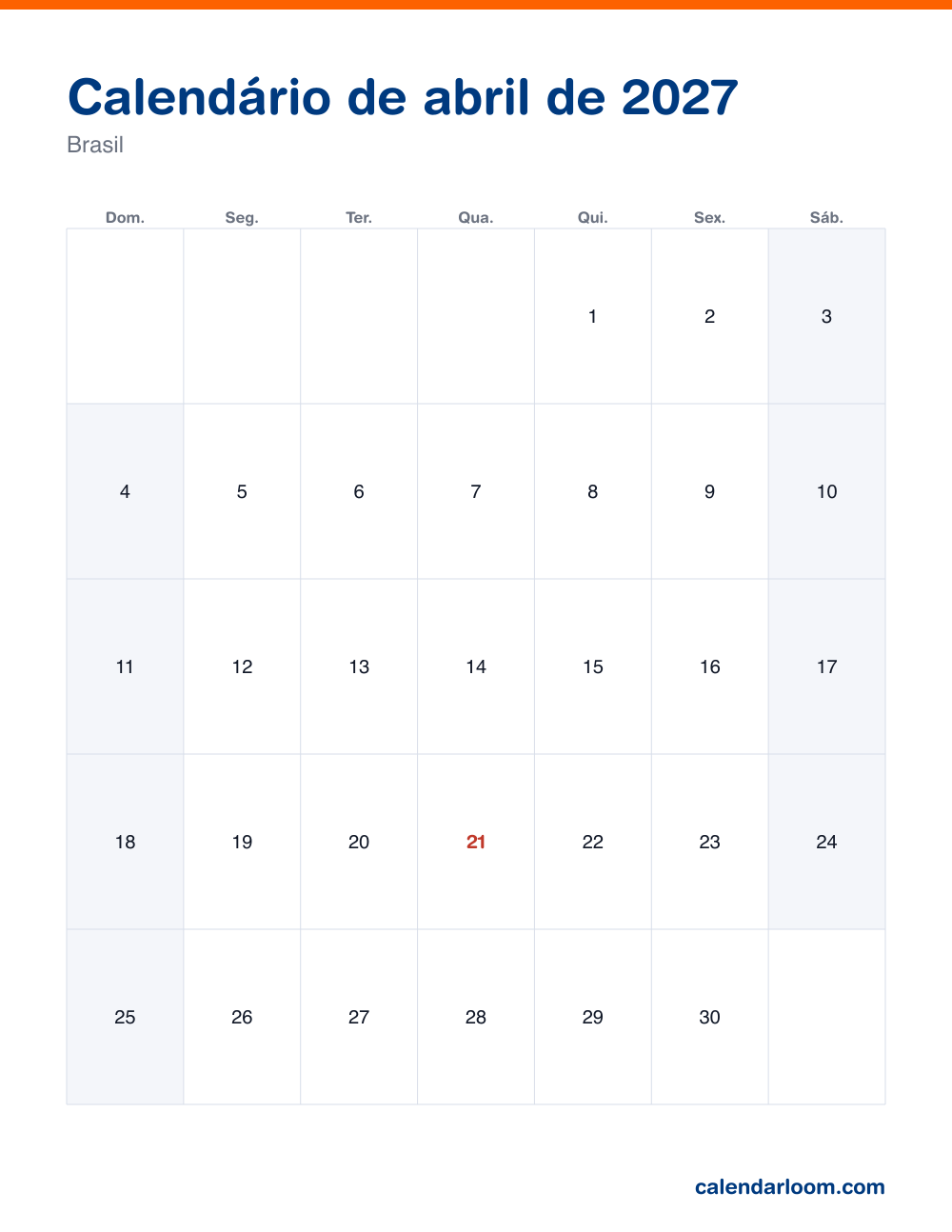 Calendário de abril de 2027 para imprimir com os feriados do Brasil