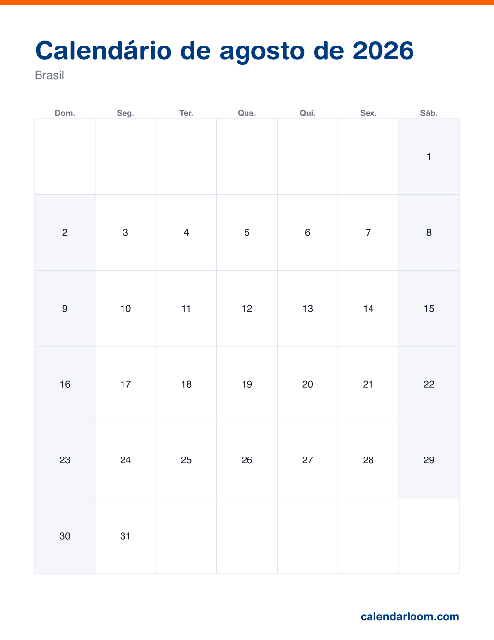 Calendário de agosto de 2026 para imprimir com os feriados do Brasil