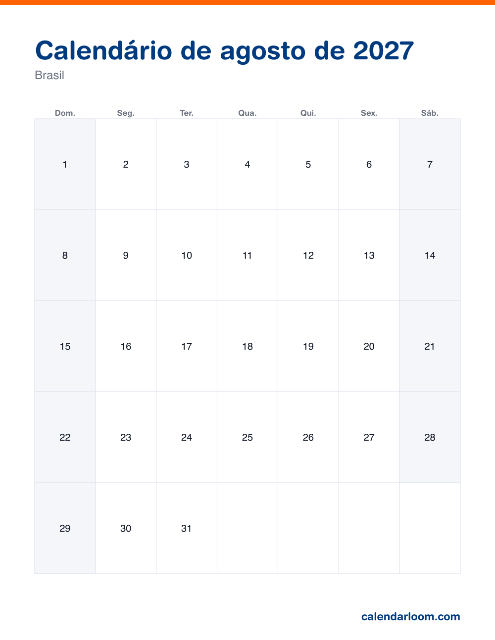 Calendário de agosto de 2027 para imprimir com os feriados do Brasil