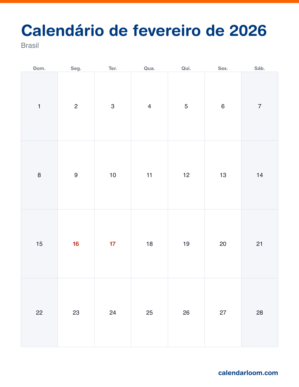 Calendário de fevereiro de 2026 para imprimir com os feriados do Brasil