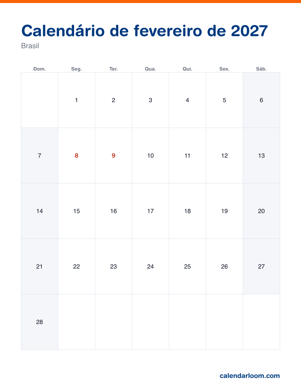Calendário de fevereiro de 2027 para imprimir com os feriados do Brasil