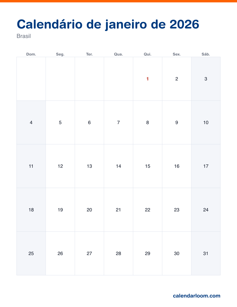 Calendário de janeiro de 2026 para imprimir com os feriados do Brasil