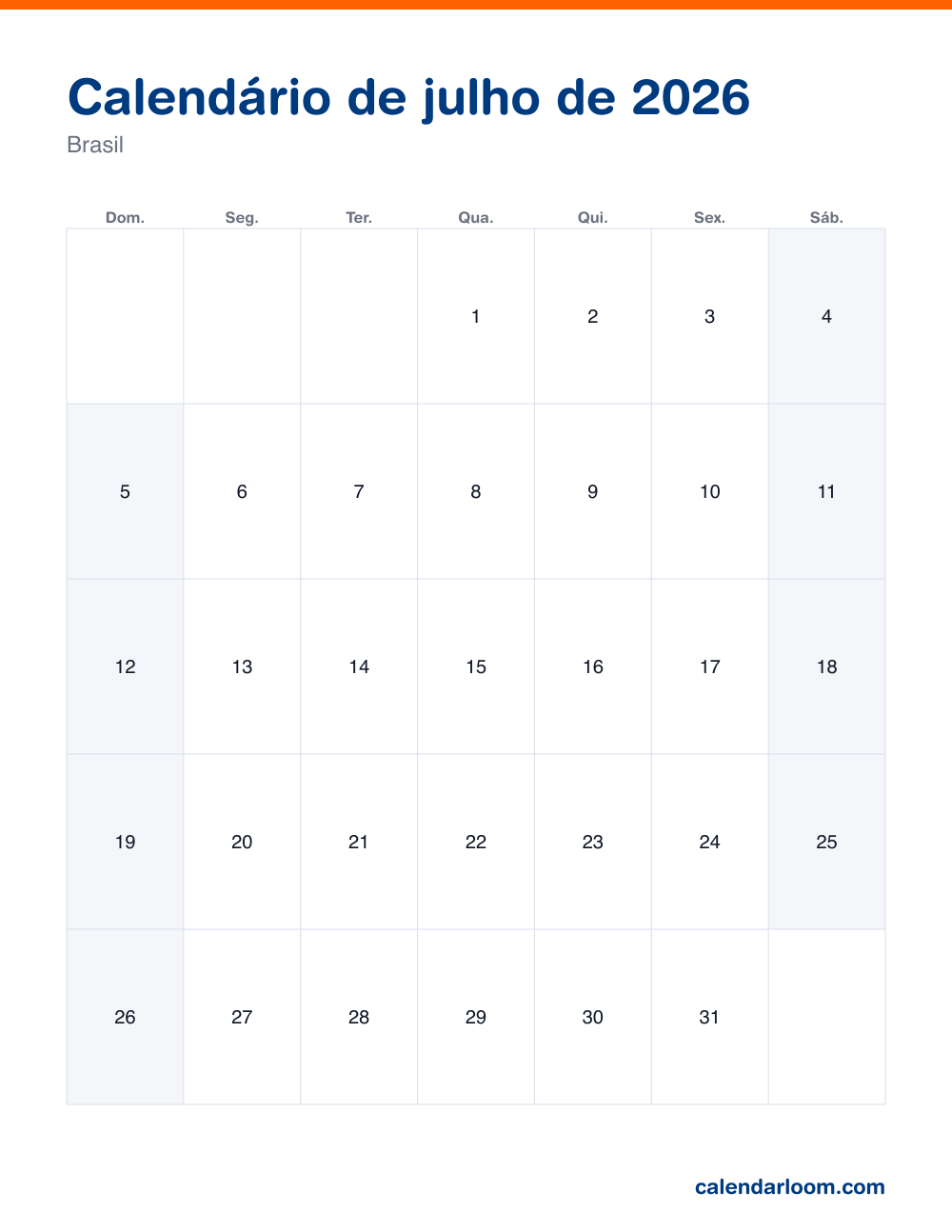 Calendário de julho de 2026 para imprimir com os feriados do Brasil