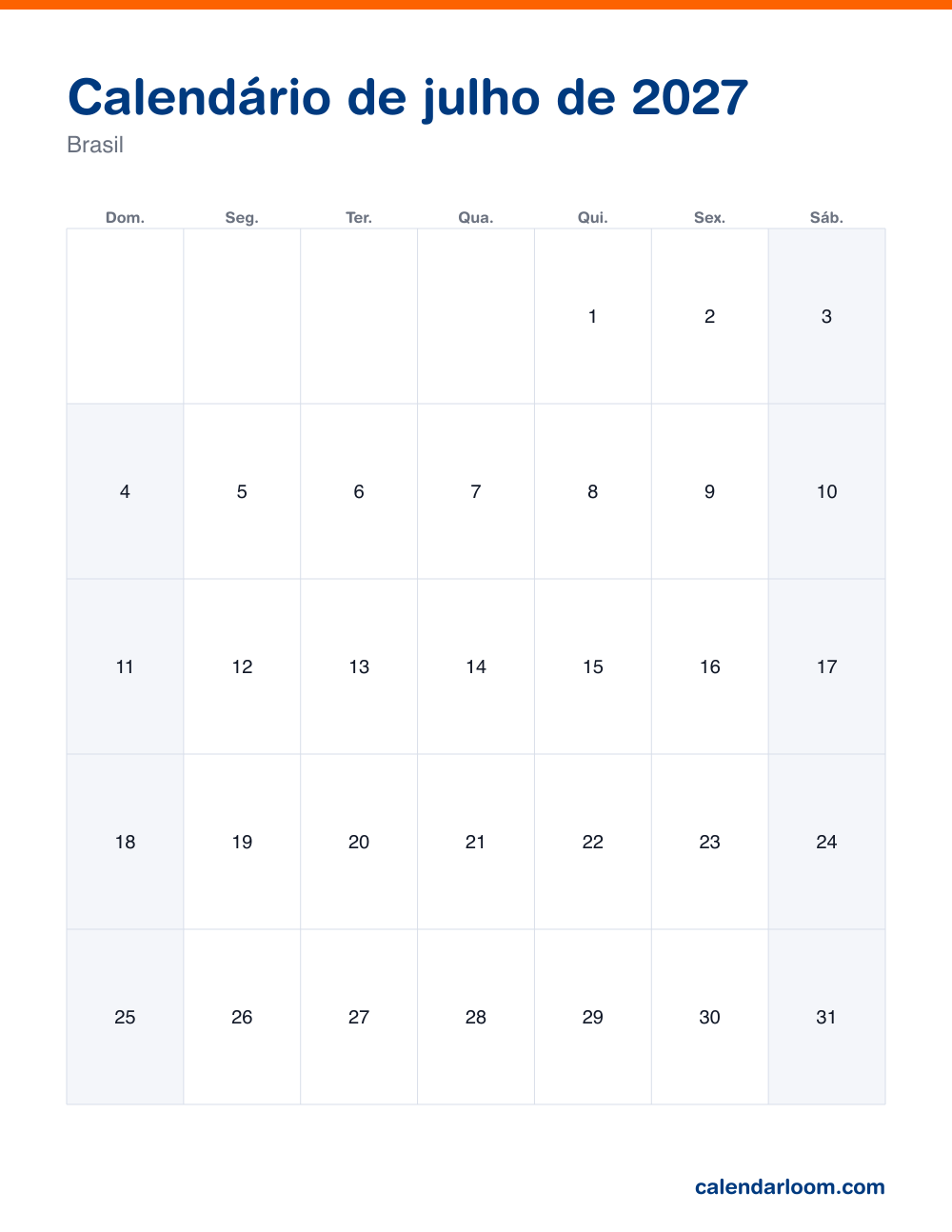 Calendário de julho de 2027 para imprimir com os feriados do Brasil