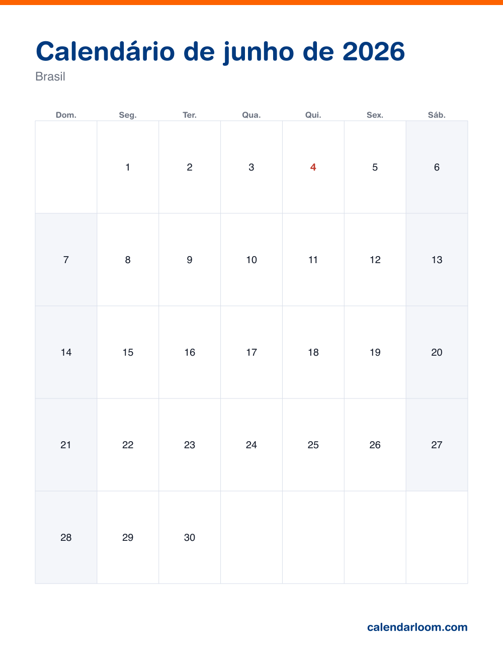Calendário de junho de 2026 para imprimir com os feriados do Brasil