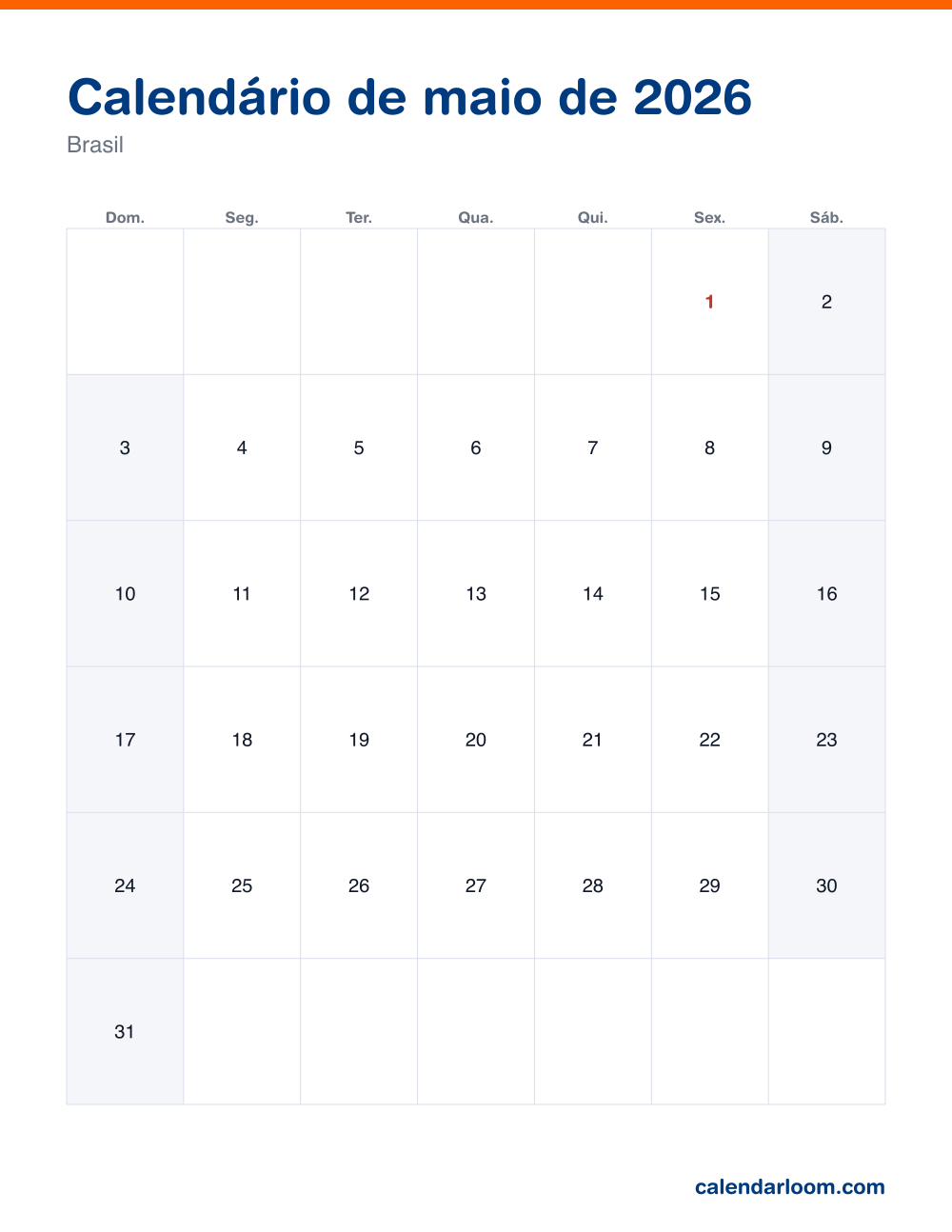 Calendário de maio de 2026 para imprimir com os feriados do Brasil