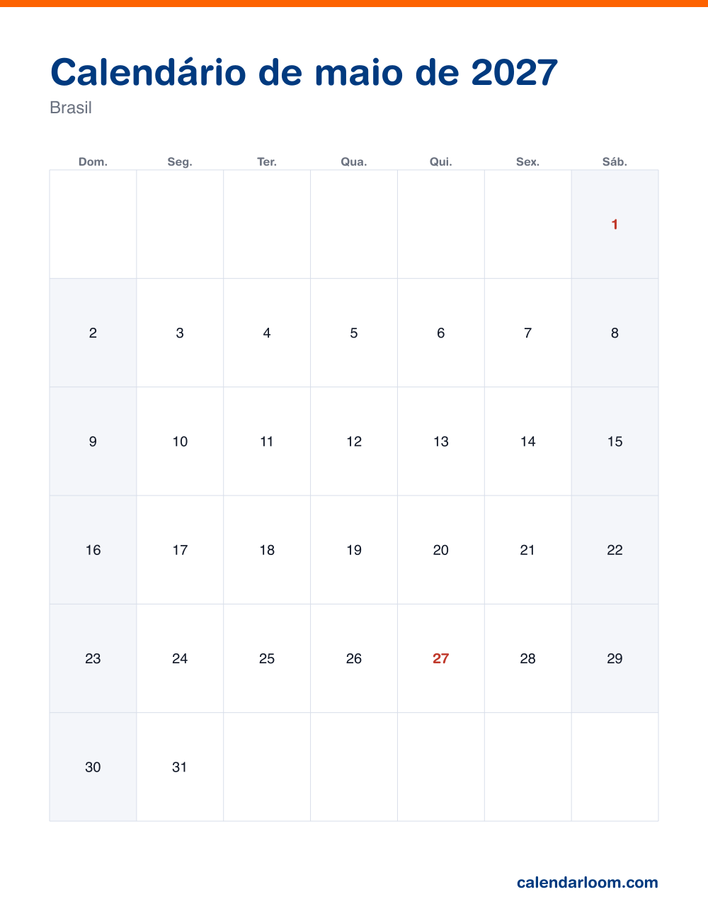 Calendário de maio de 2027 para imprimir com os feriados do Brasil