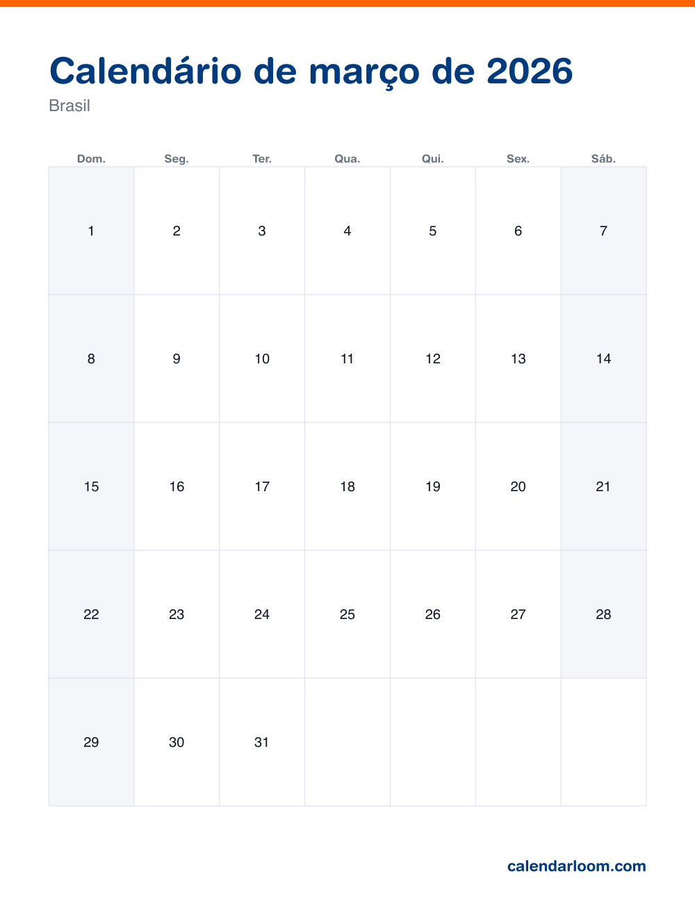 Calendário de março de 2026 para imprimir com os feriados do Brasil