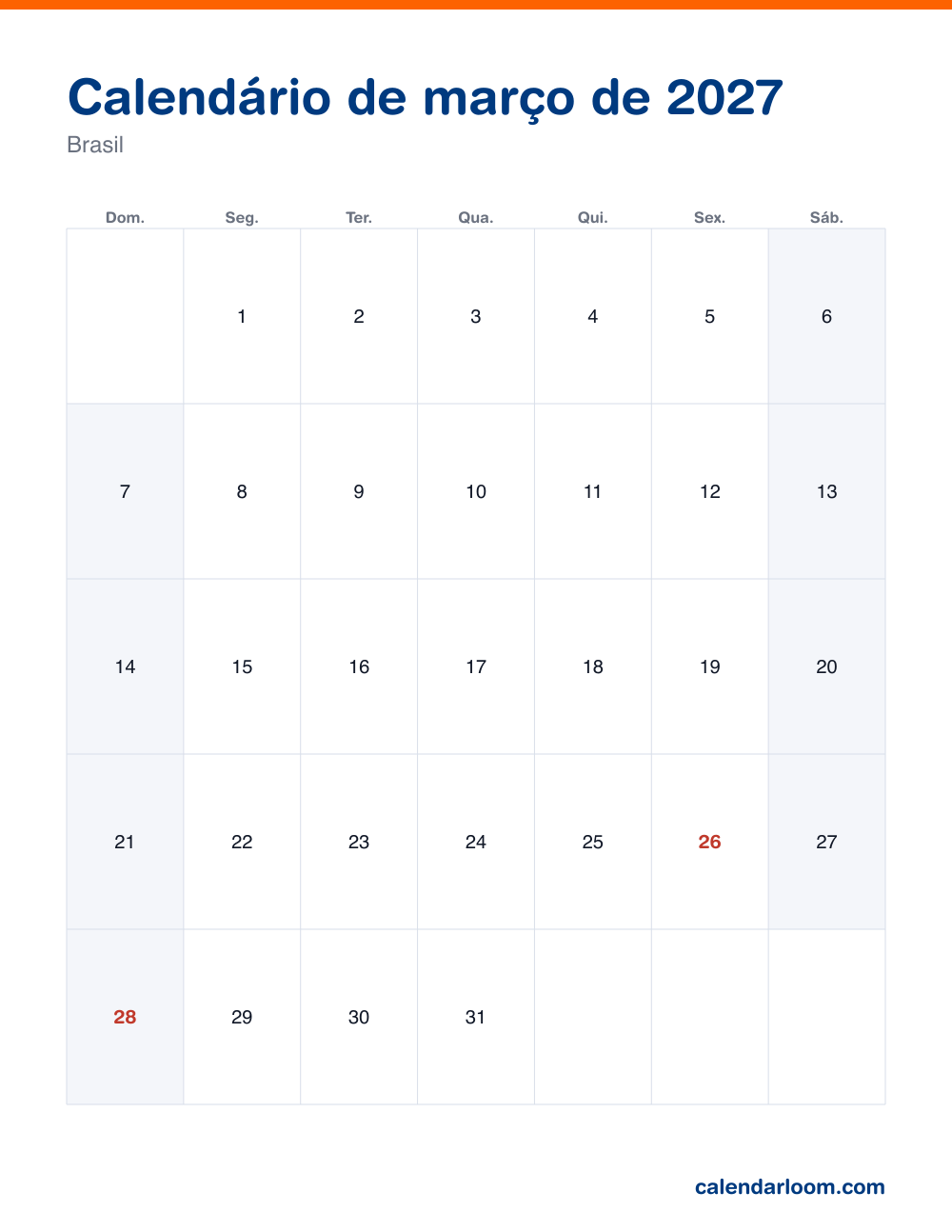 Calendário de março de 2027 para imprimir com os feriados do Brasil