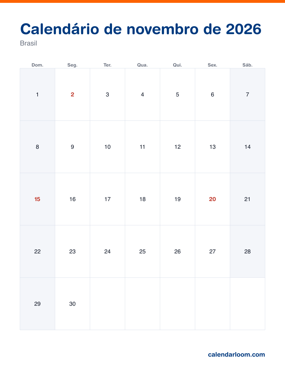 Calendário de novembro de 2026 para imprimir com os feriados do Brasil