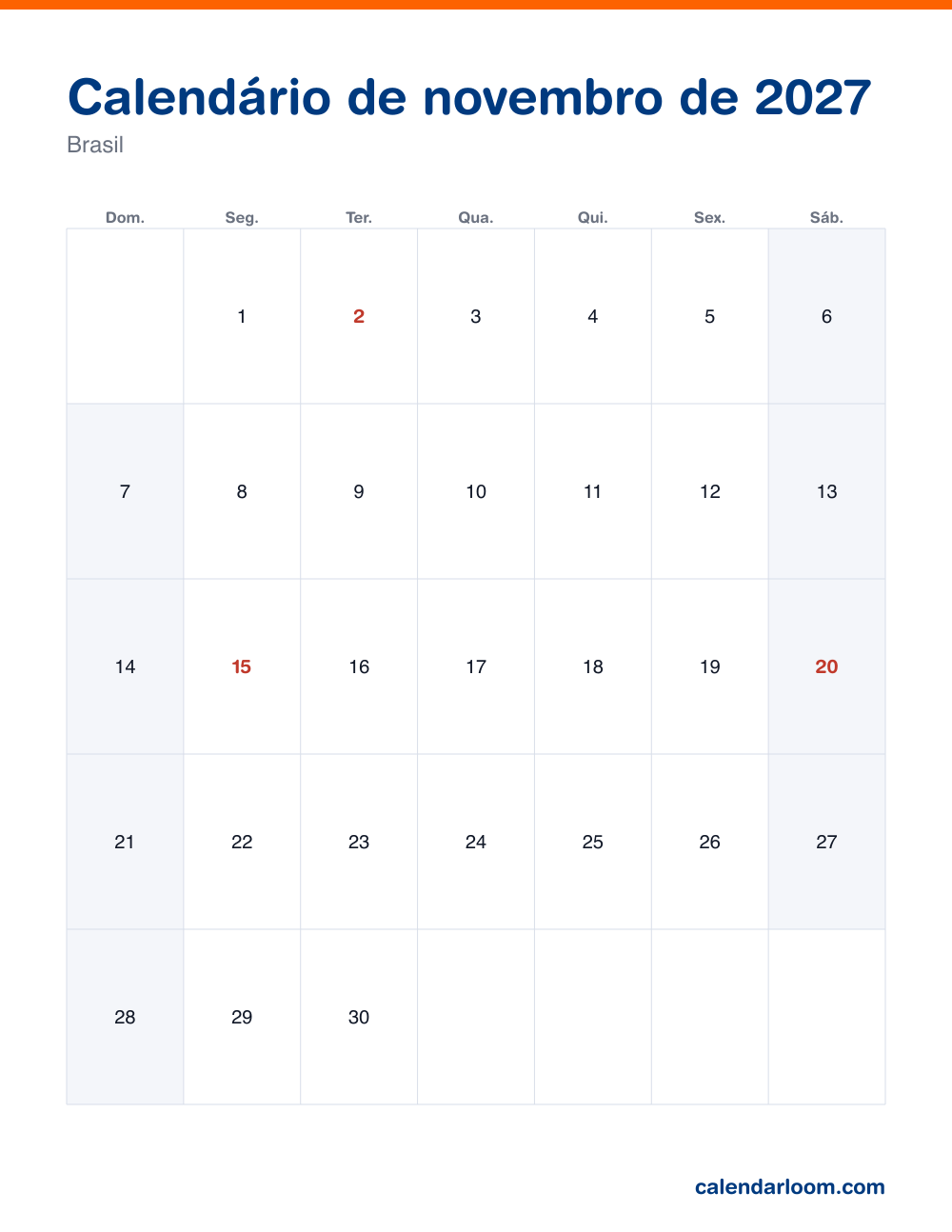 Calendário de novembro de 2027 para imprimir com os feriados do Brasil