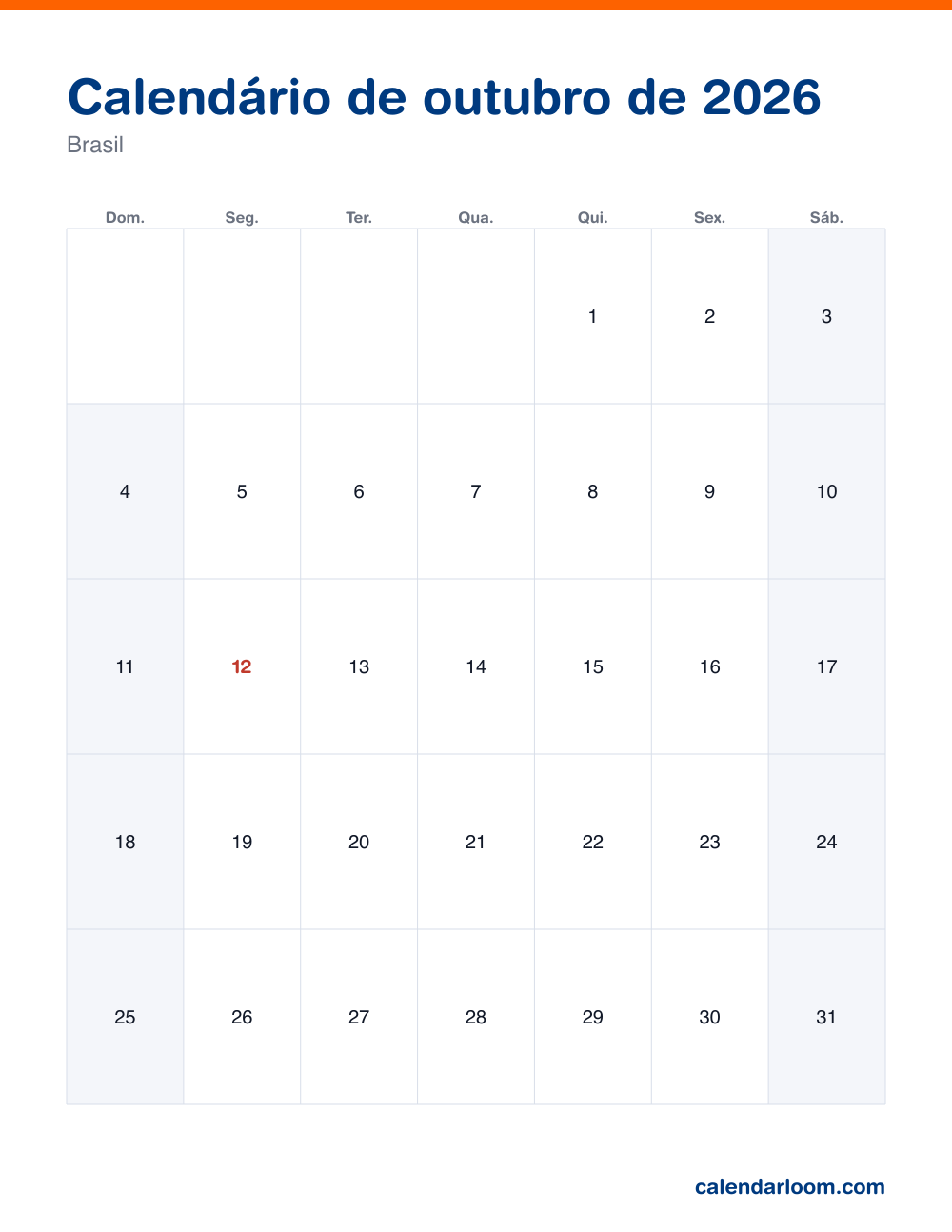 Calendário de outubro de 2026 para imprimir com os feriados do Brasil
