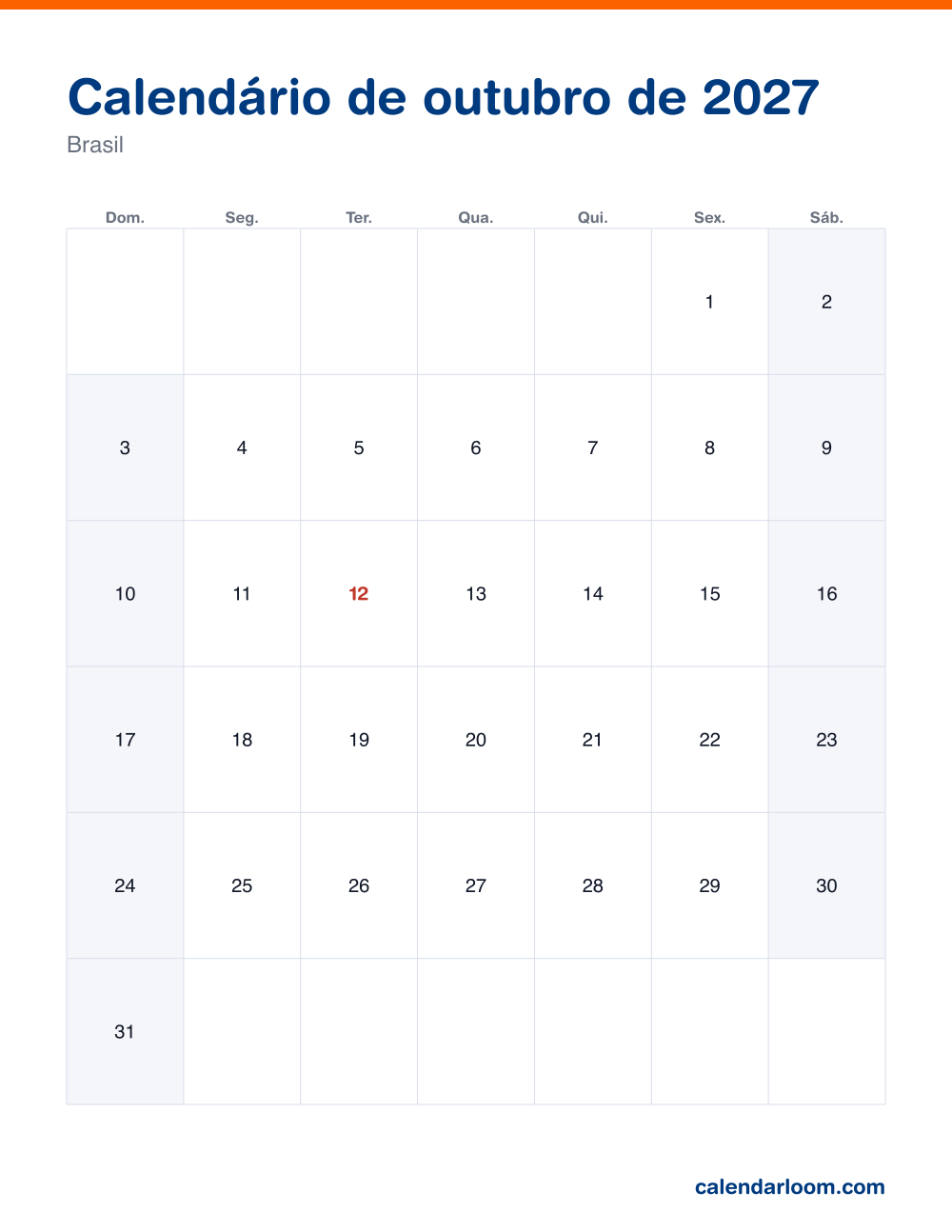 Calendário de outubro de 2027 para imprimir com os feriados do Brasil