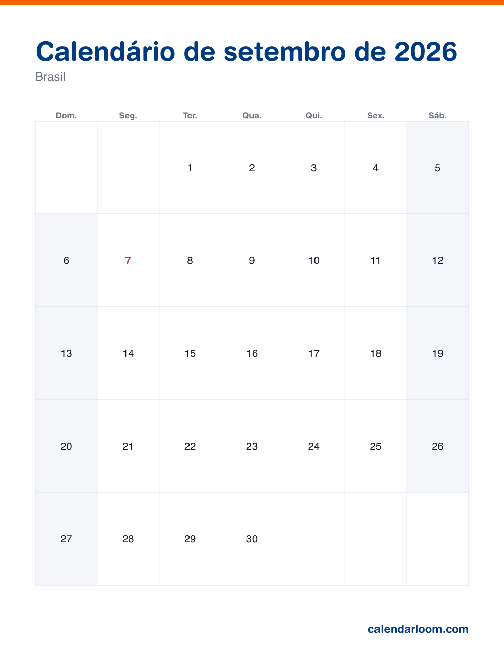 Calendário de setembro de 2026 para imprimir com os feriados do Brasil
