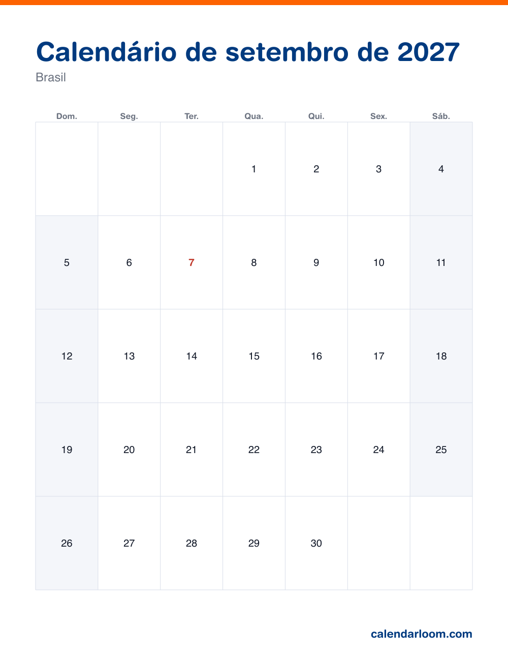Calendário de setembro de 2027 para imprimir com os feriados do Brasil