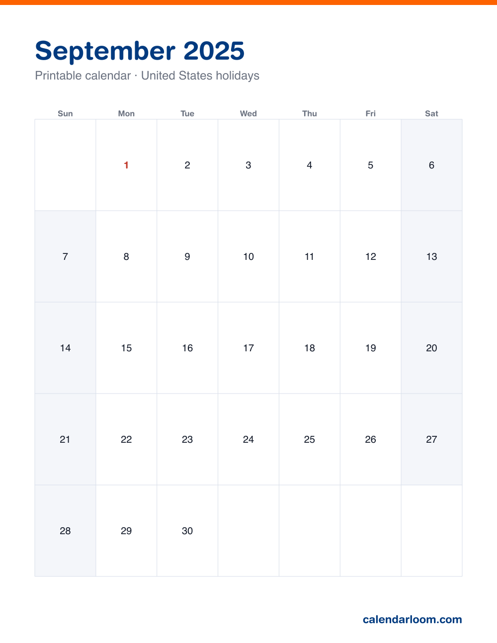 Printable September 2025 calendar with United States holidays marked, Sunday start, Letter size