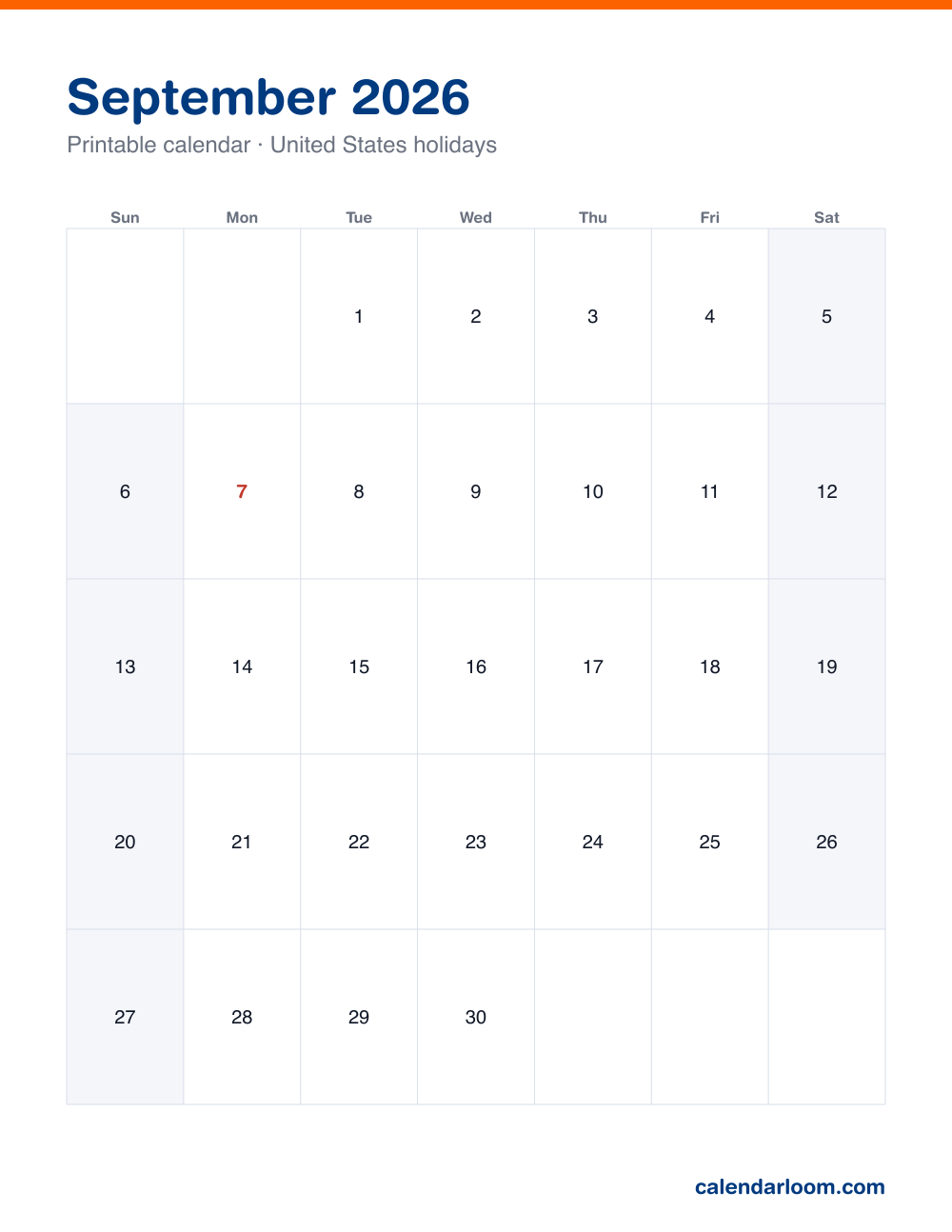Printable September 2026 calendar with United States holidays marked, Sunday start, Letter size
