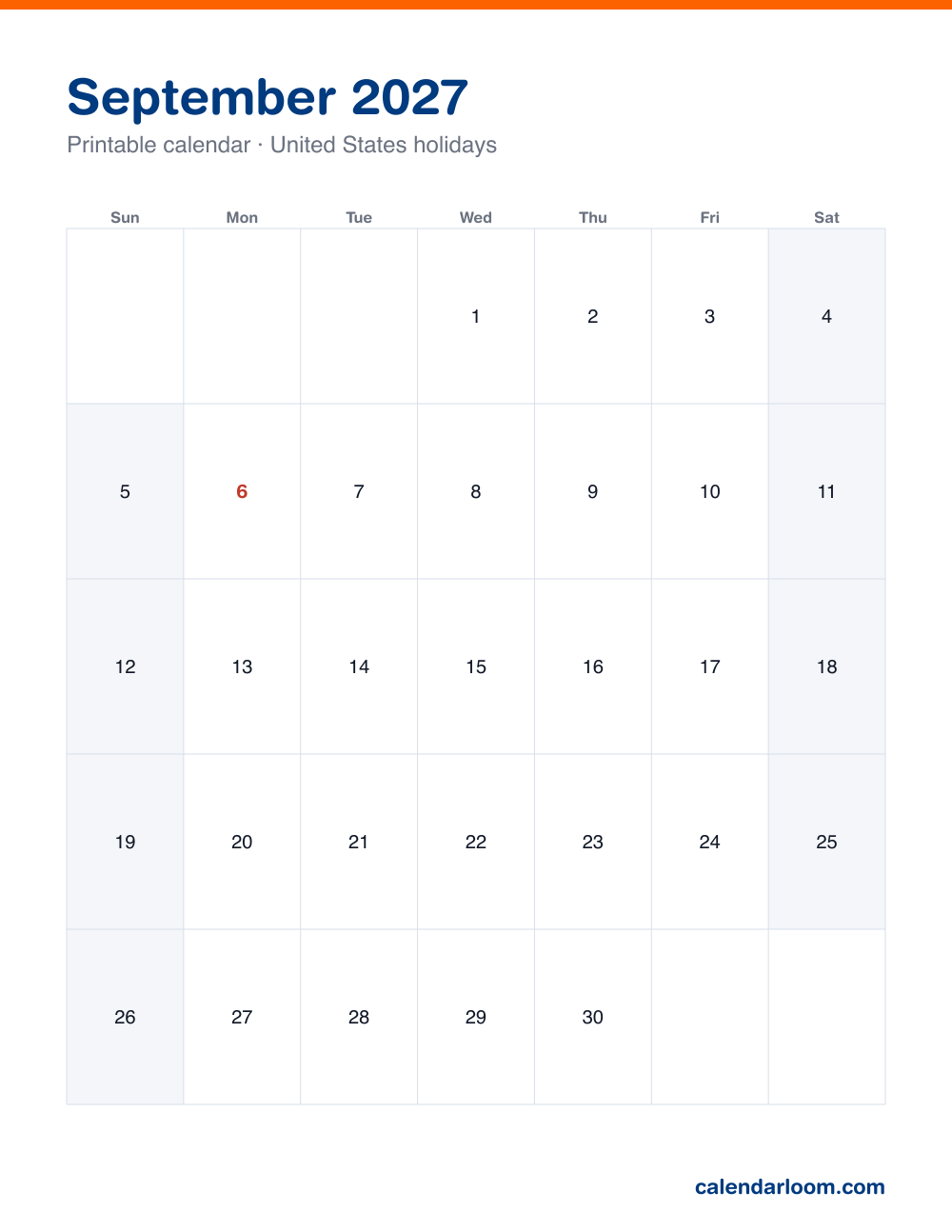 Printable September 2027 calendar with United States holidays marked, Sunday start, Letter size