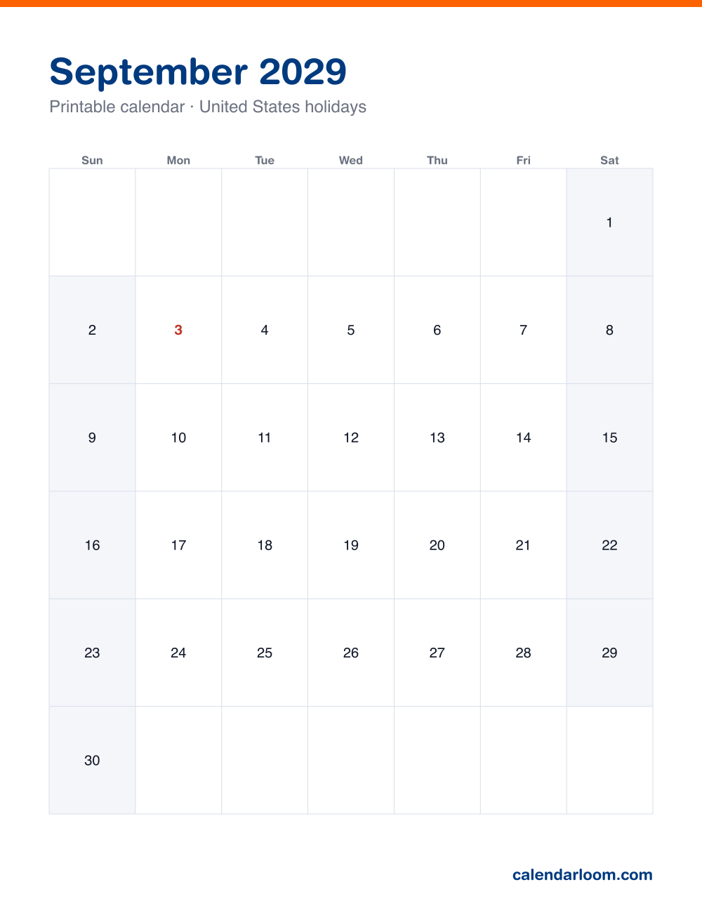 Printable September 2029 calendar with United States holidays marked, Sunday start, Letter size
