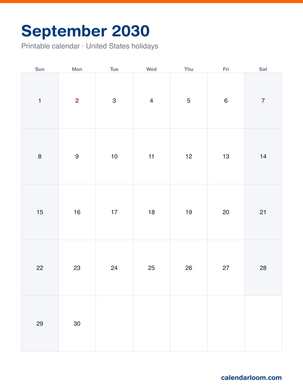 Printable September 2030 calendar with United States holidays marked, Sunday start, Letter size