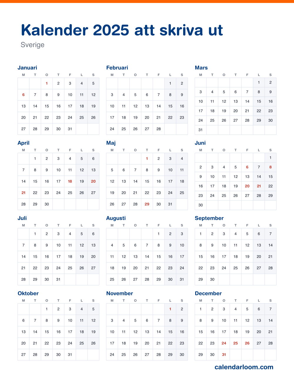 Kalender 2025 att skriva ut med Sveriges röda dagar