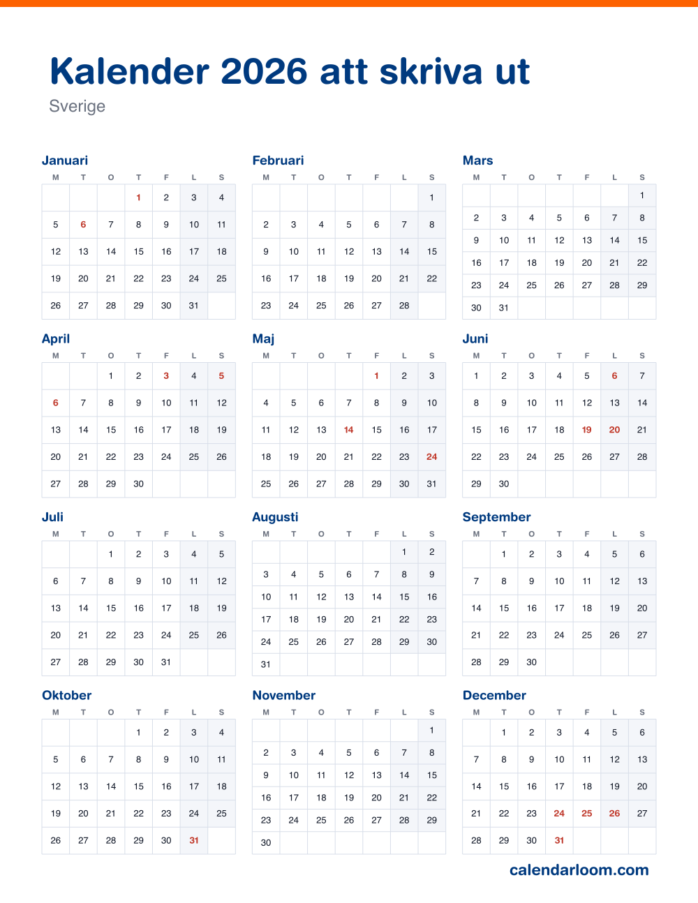 Kalender 2026 att skriva ut med Sveriges röda dagar