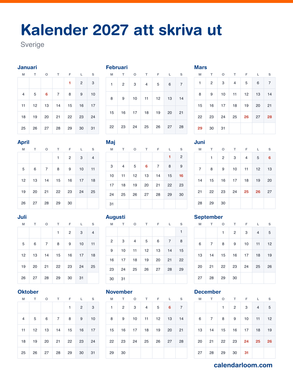 Kalender 2027 att skriva ut med Sveriges röda dagar