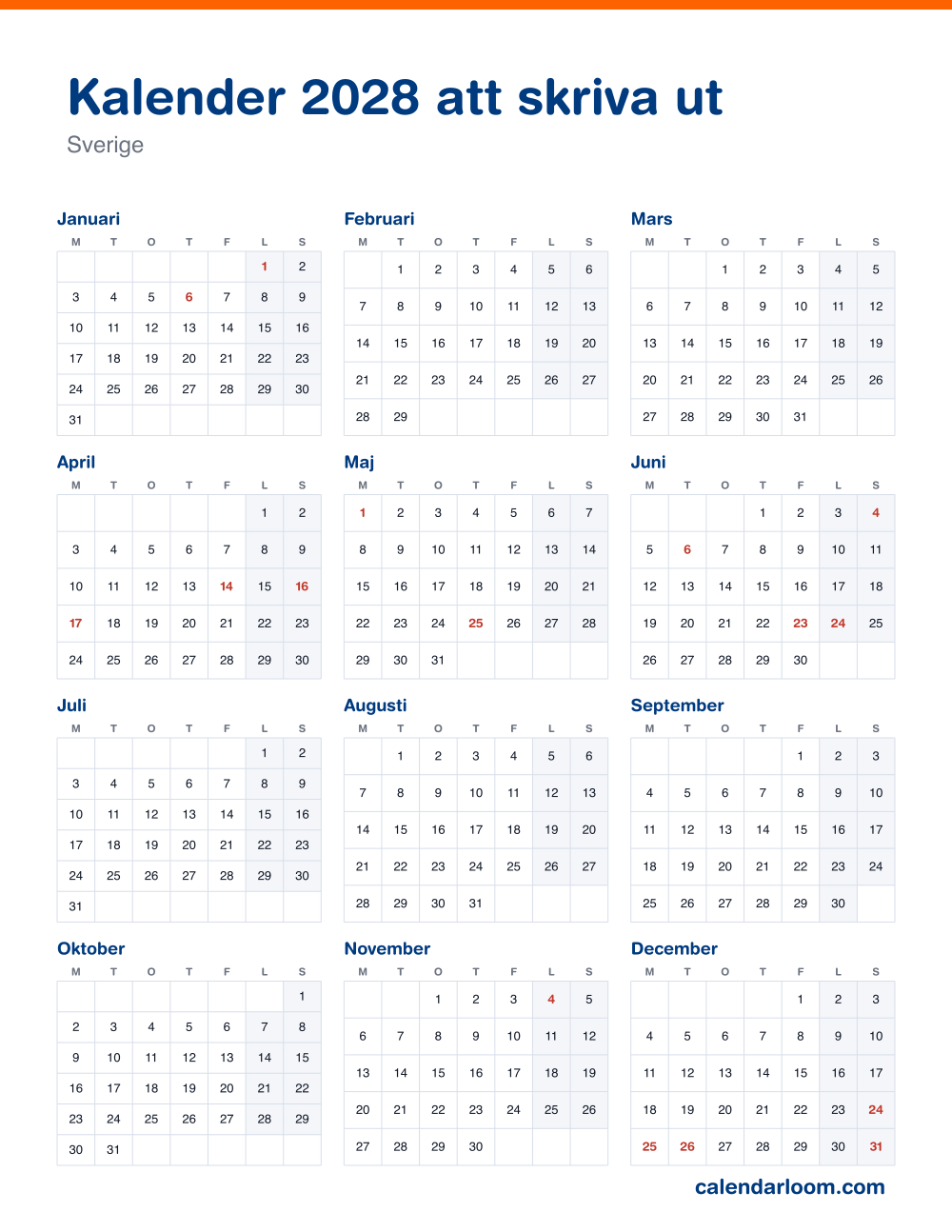 Kalender 2028 att skriva ut med Sveriges röda dagar