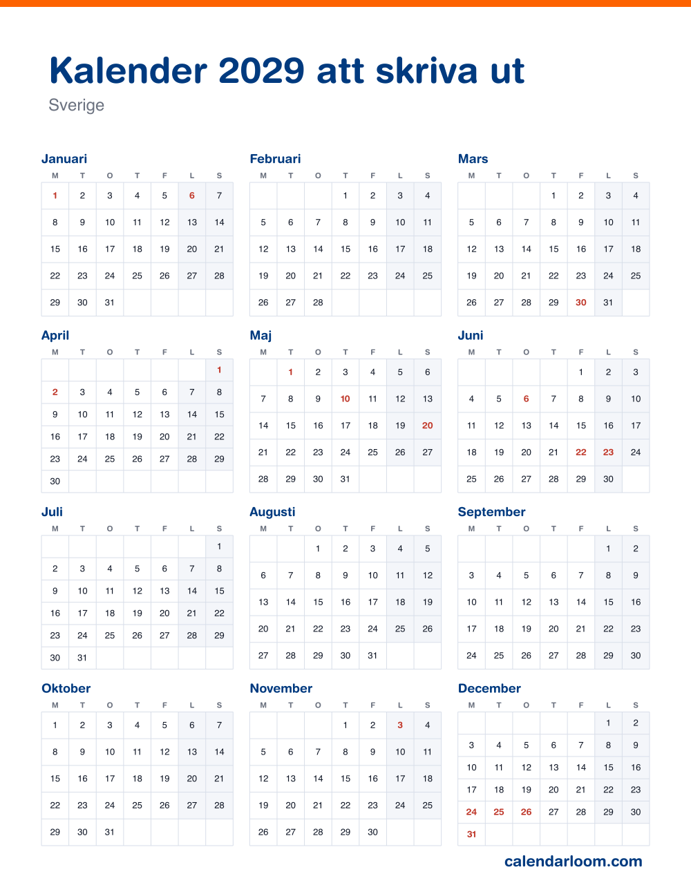 Kalender 2029 att skriva ut med Sveriges röda dagar