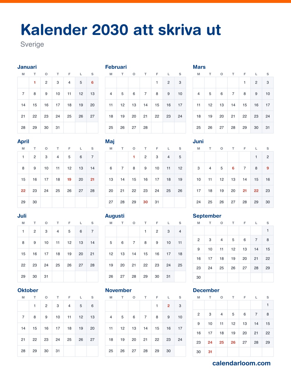 Kalender 2030 att skriva ut med Sveriges röda dagar