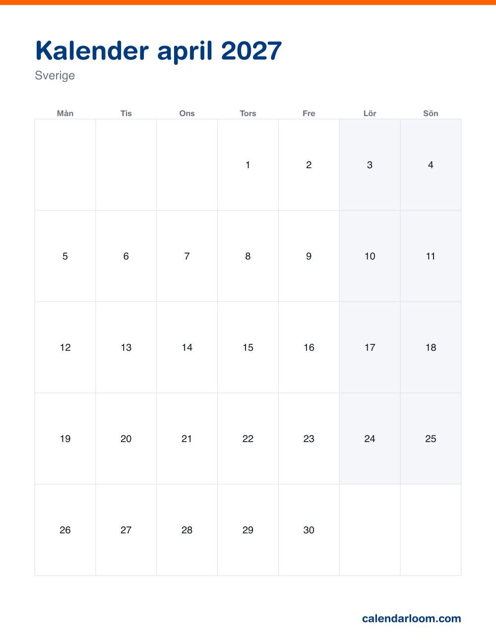 Kalender april 2027 att skriva ut med Sveriges röda dagar