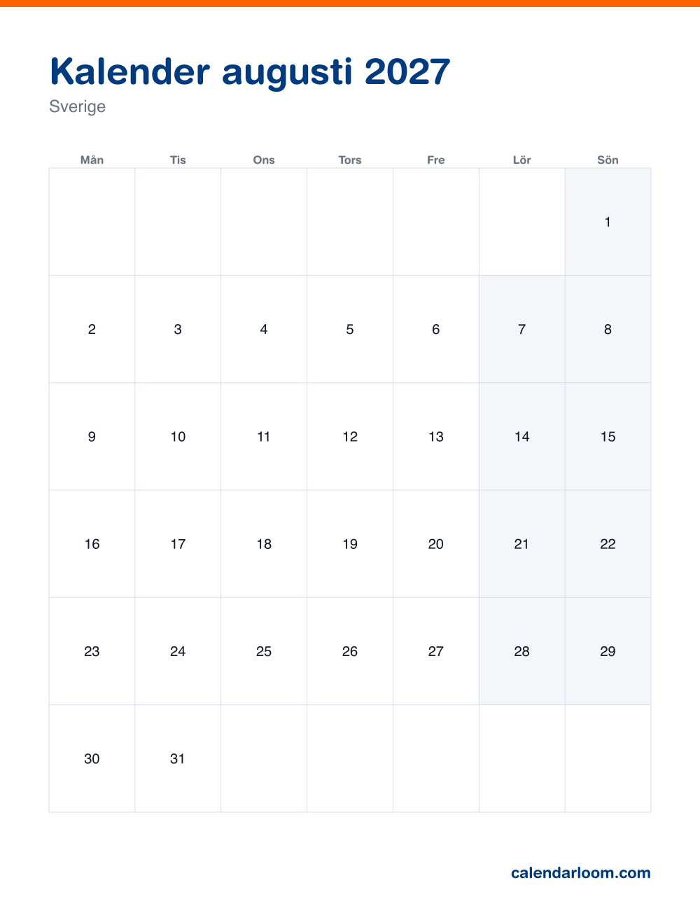 Kalender augusti 2027 att skriva ut med Sveriges röda dagar