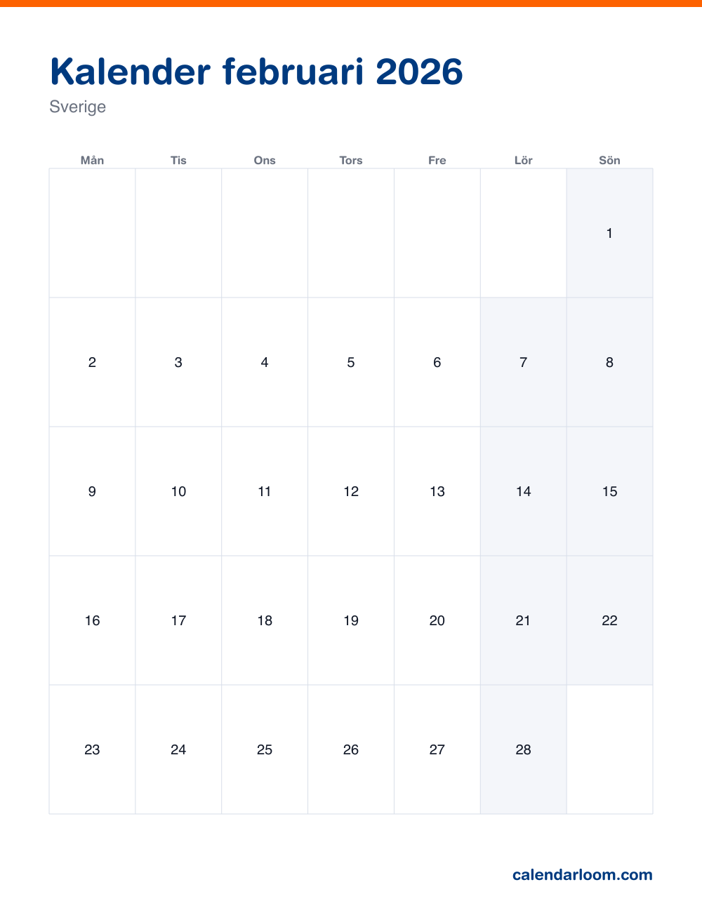 Kalender februari 2026 att skriva ut med Sveriges röda dagar
