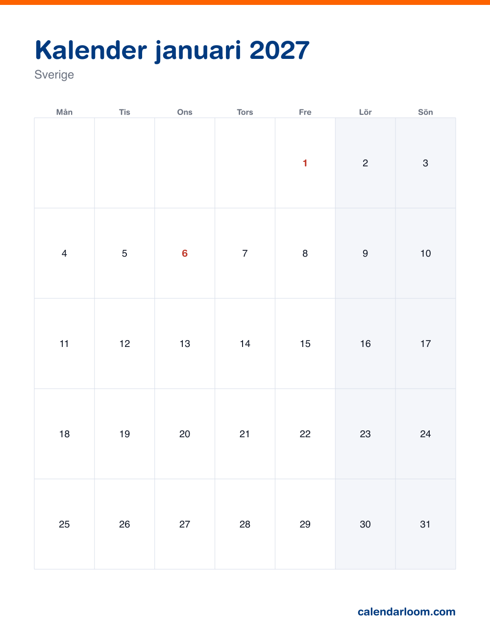 Kalender januari 2027 att skriva ut med Sveriges röda dagar
