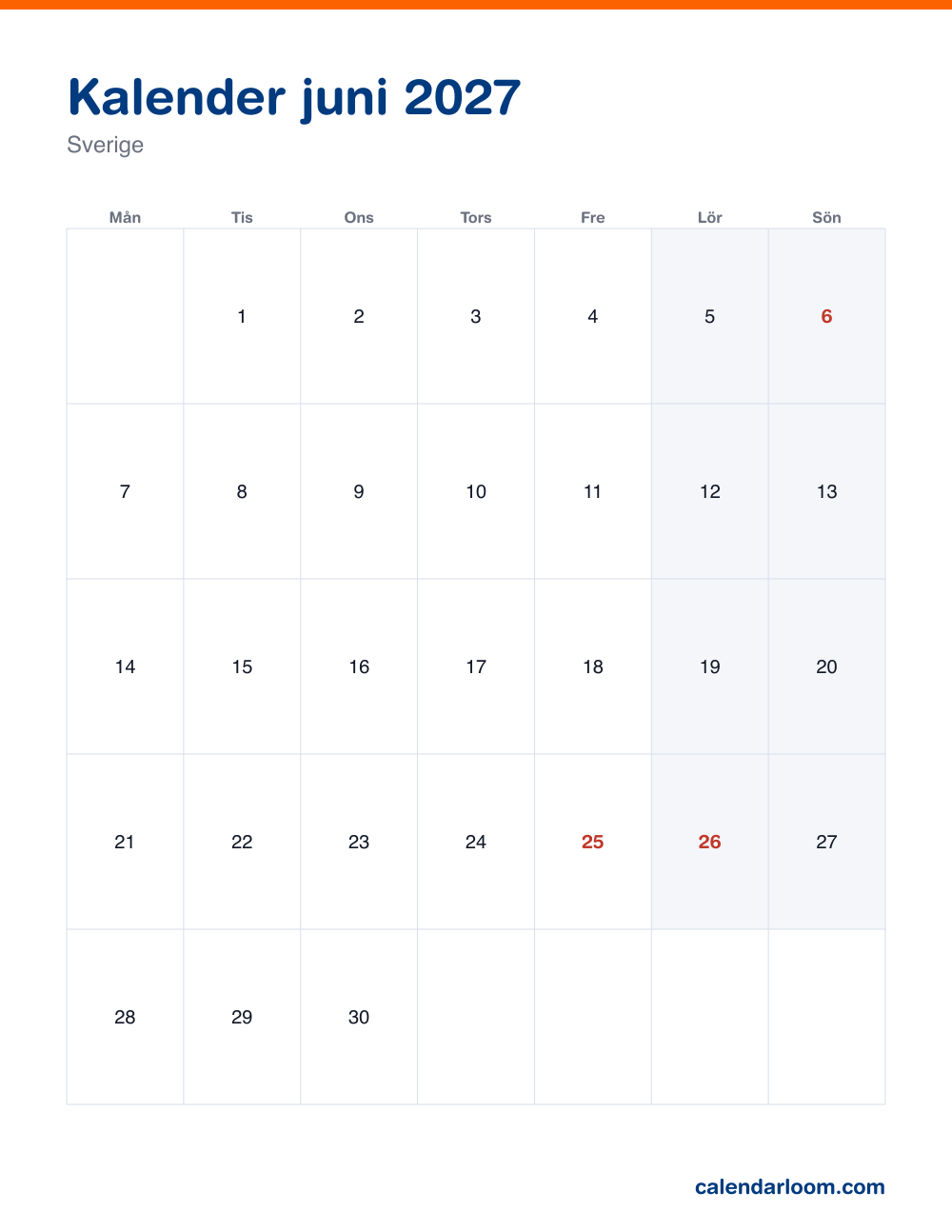 Kalender juni 2027 att skriva ut med Sveriges röda dagar